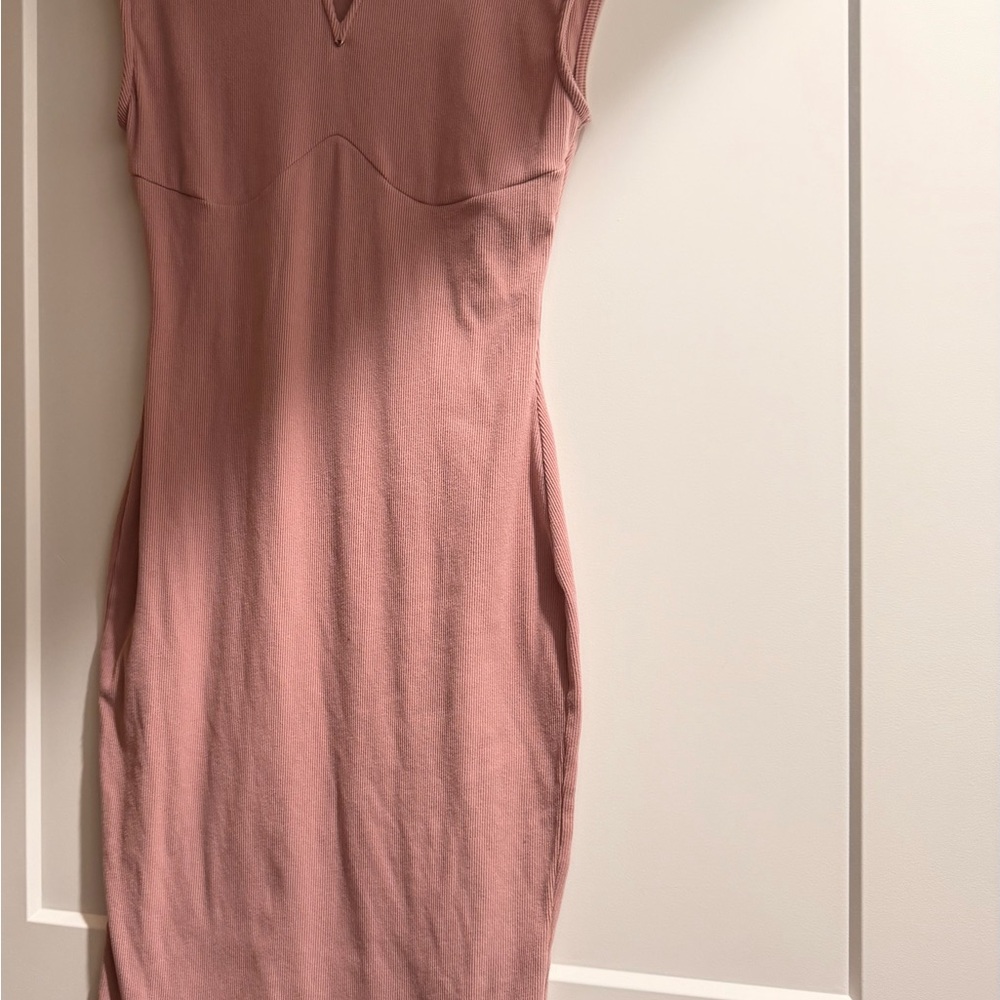 Ribbed Knit Midi Bodycon Dress Dusty Rose Pink Size L